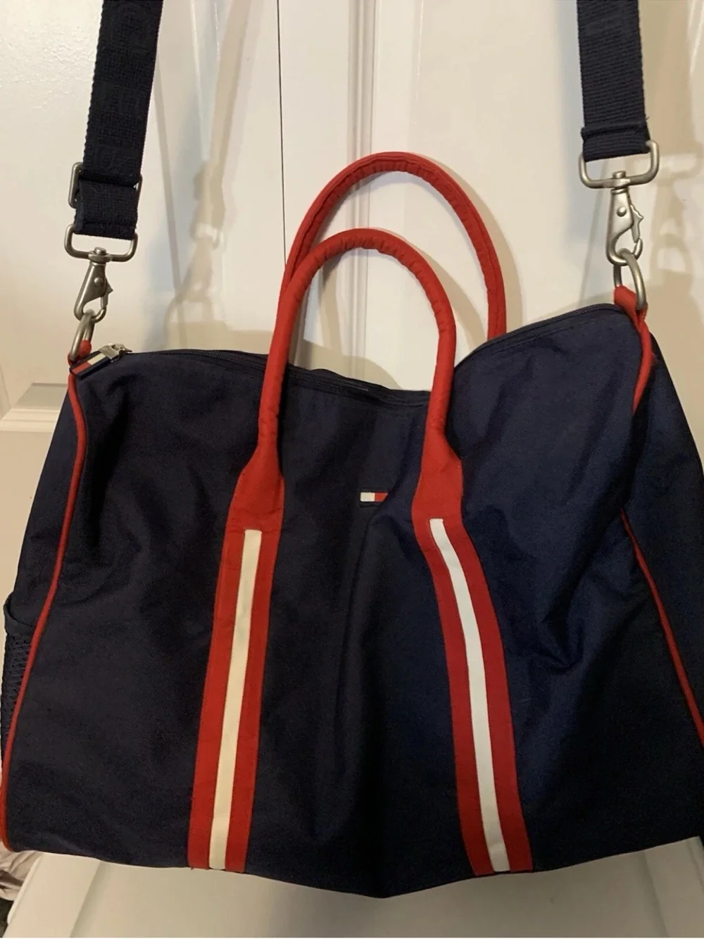 Tommy Hilfiger Navy Duffel with Red Piping and Branded Strap